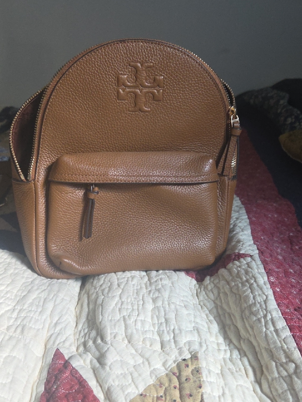 Tory Burch Cognac Pebbled Leather Mini Backpack